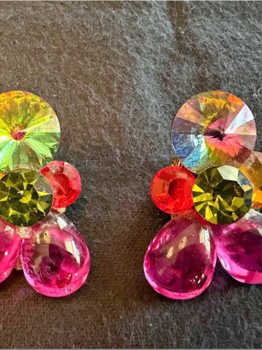 Colorful Crystal Flower Clip-On Earrings - Pink, Green, Red, Yellow